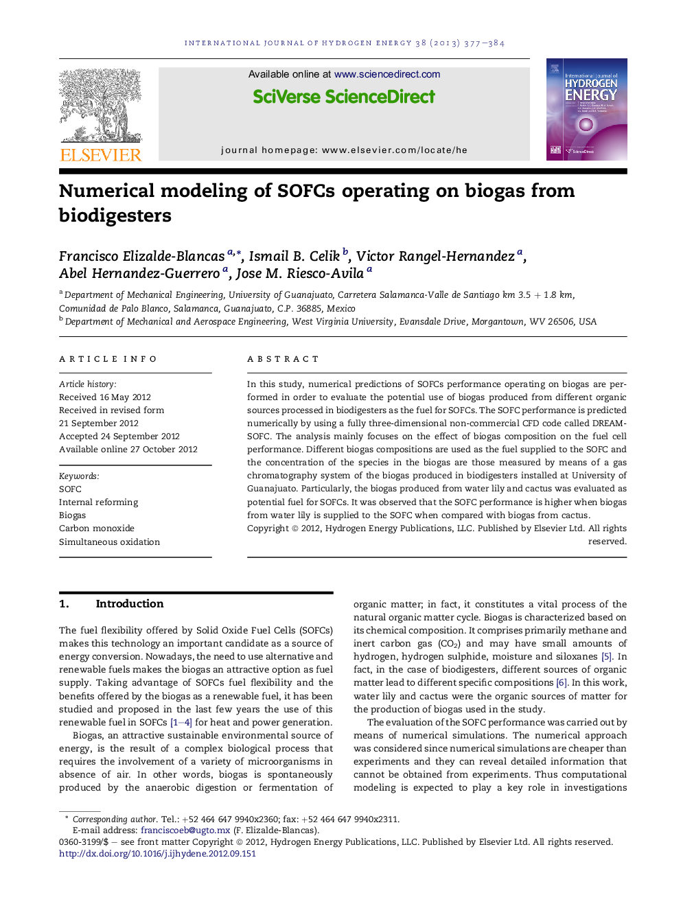 Numerical modeling of SOFCs operating on biogas from biodigesters