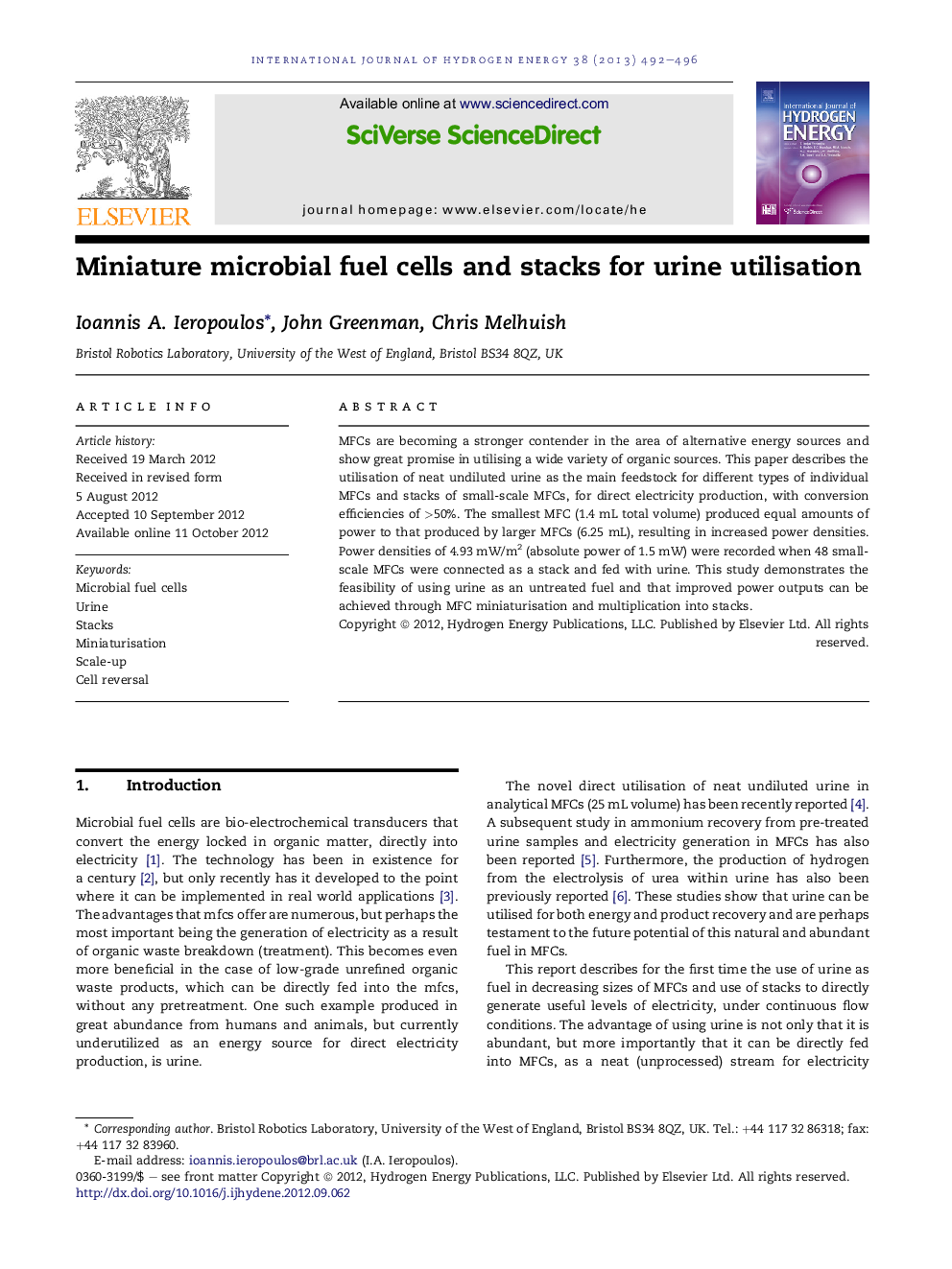 Miniature microbial fuel cells and stacks for urine utilisation