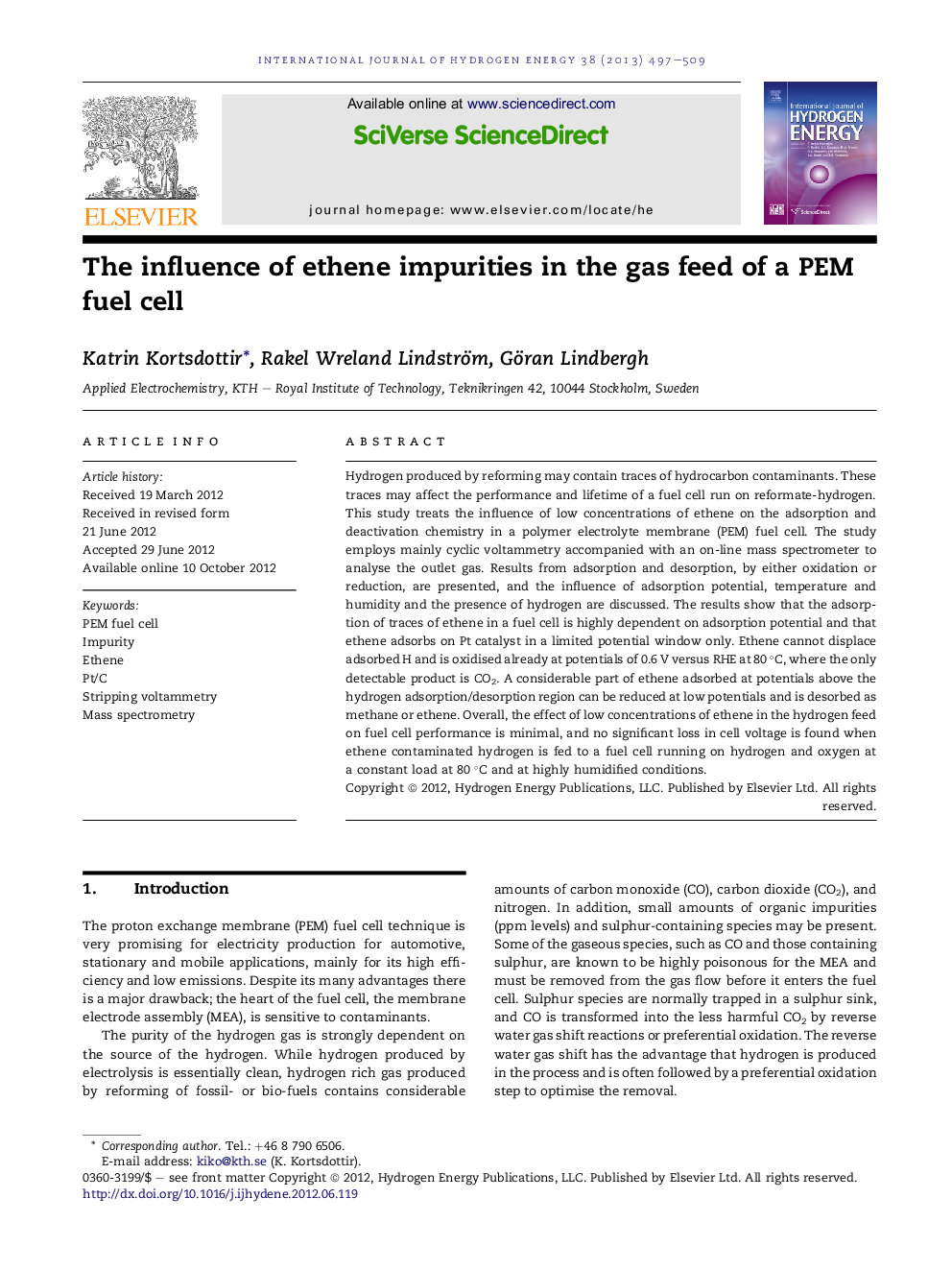 The influence of ethene impurities in the gas feed of a PEM fuel cell