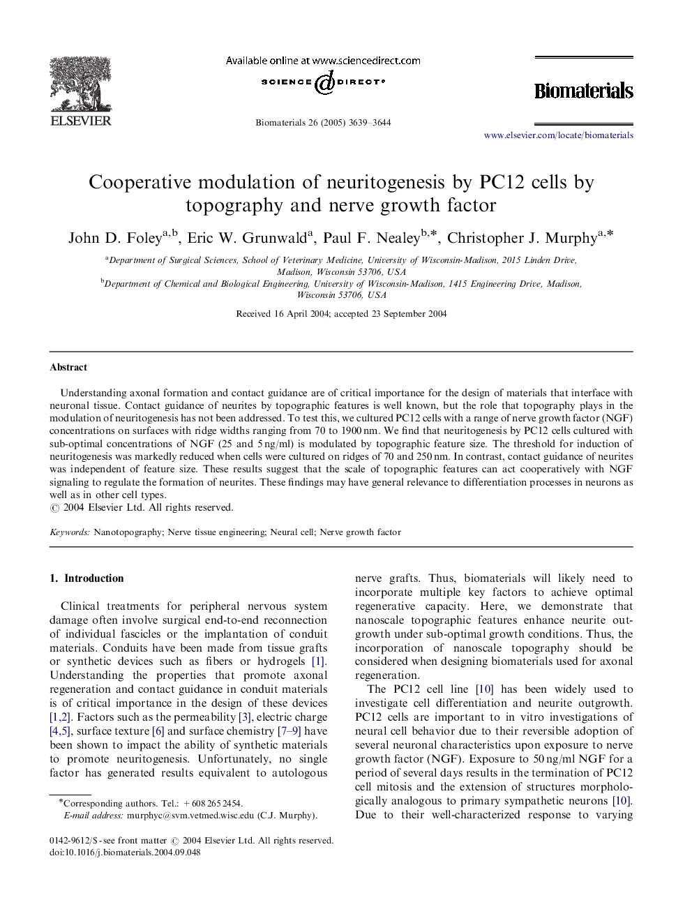 Cooperative modulation of neuritogenesis by PC12 cells by topography and nerve growth factor