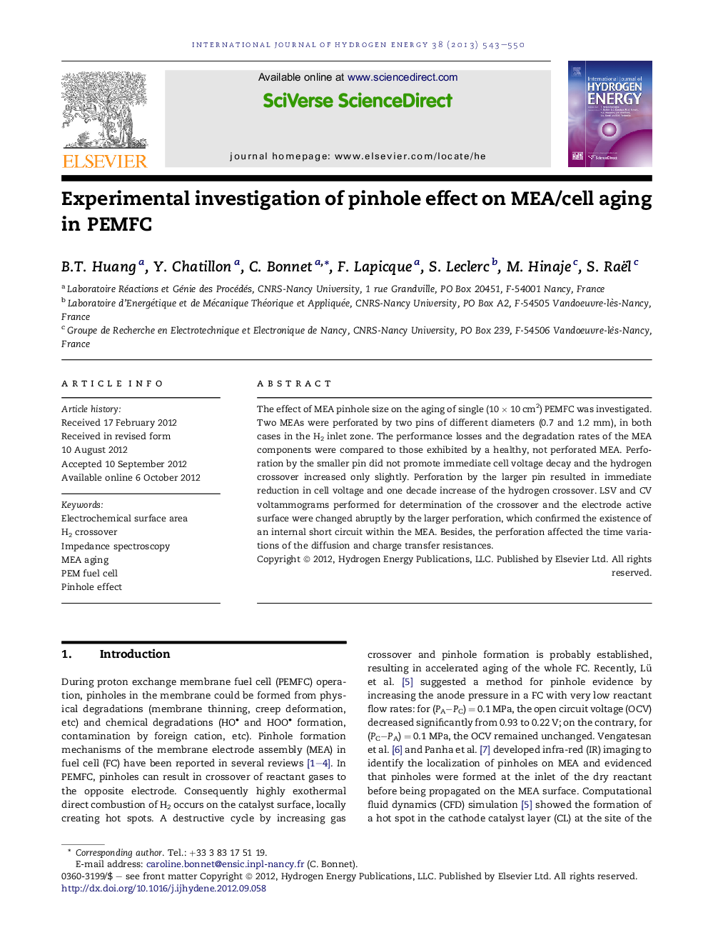 Experimental investigation of pinhole effect on MEA/cell aging in PEMFC