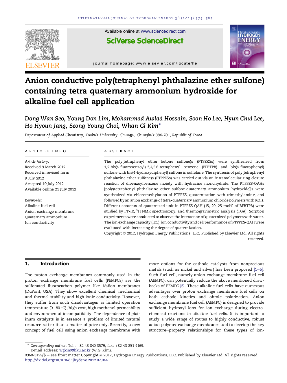 Anion conductive poly(tetraphenyl phthalazine ether sulfone) containing tetra quaternary ammonium hydroxide for alkaline fuel cell application