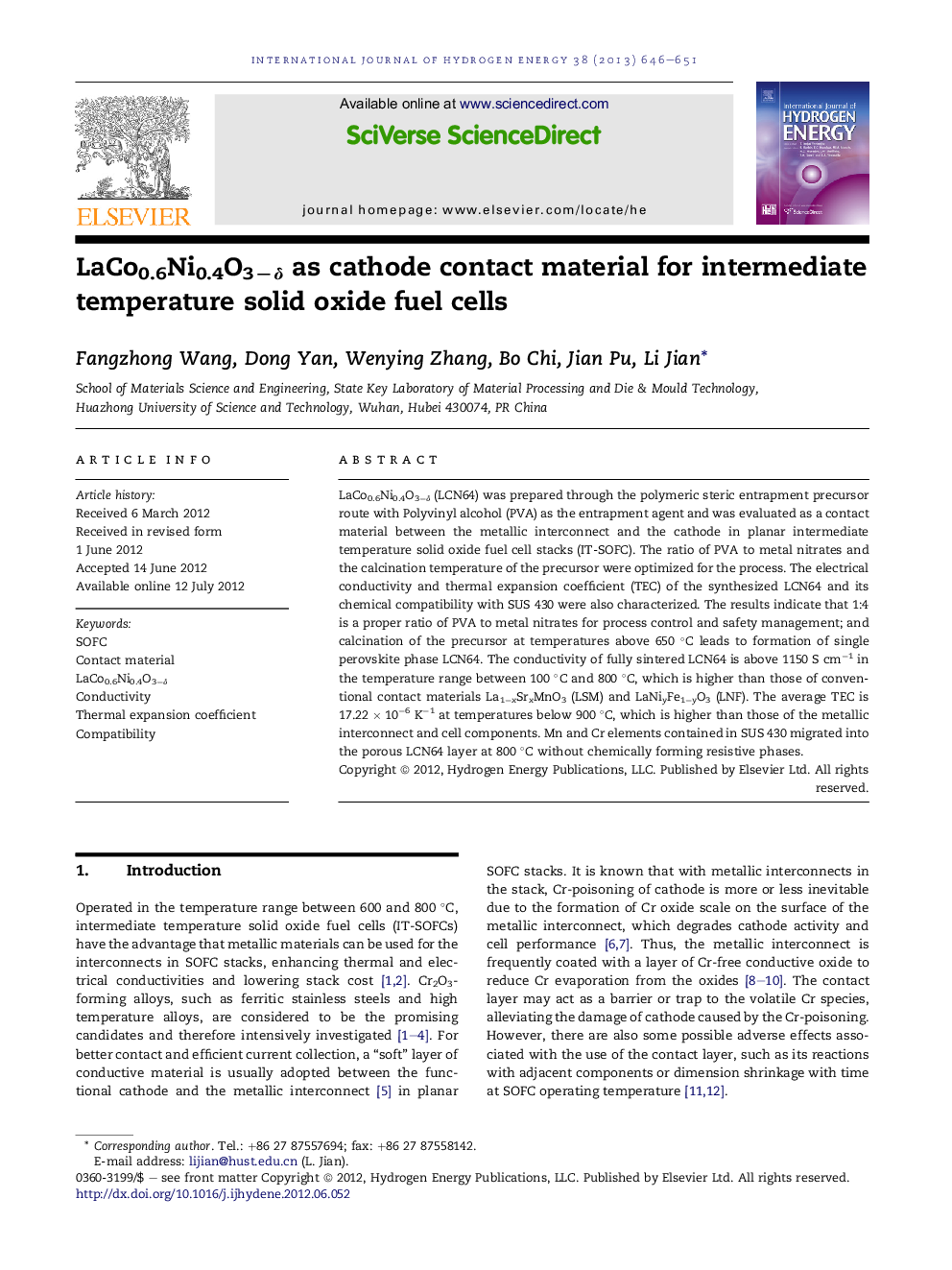 LaCo0.6Ni0.4O3−δ as cathode contact material for intermediate temperature solid oxide fuel cells