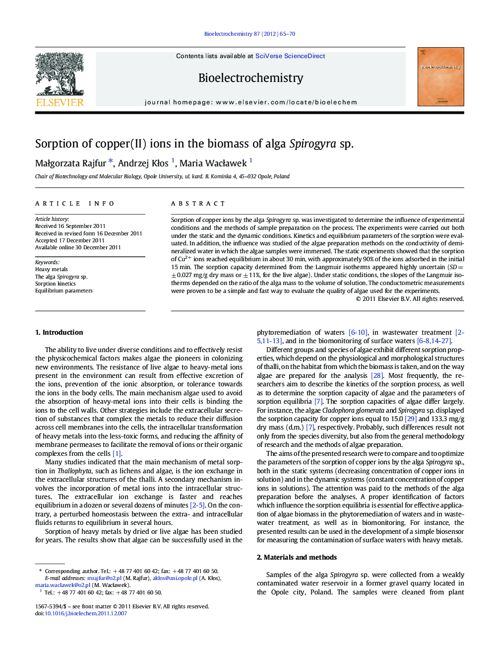 Sorption of copper(II) ions in the biomass of alga Spirogyra sp.