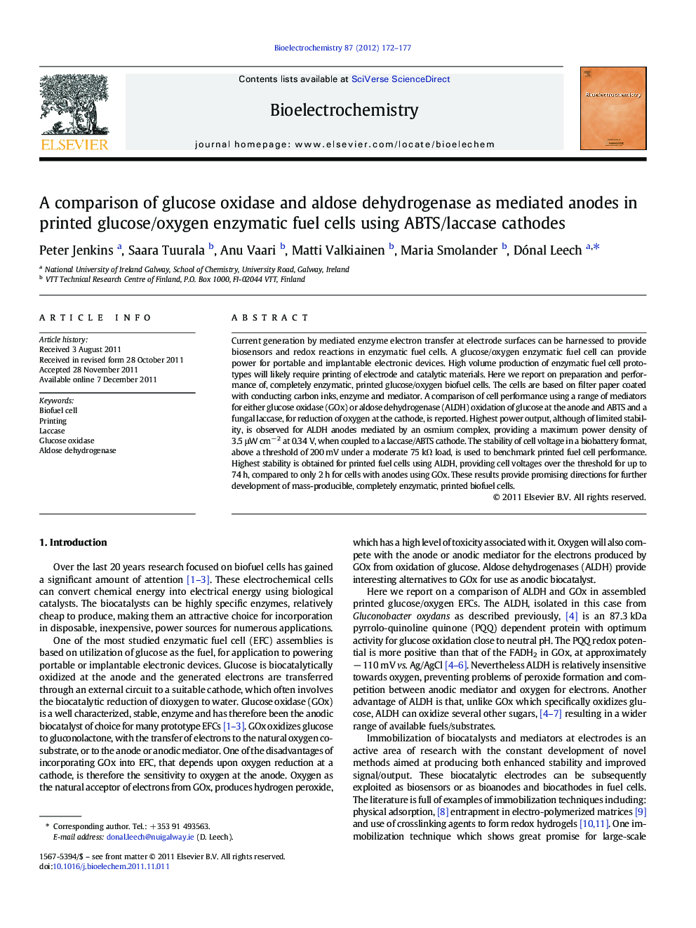 A comparison of glucose oxidase and aldose dehydrogenase as mediated anodes in printed glucose/oxygen enzymatic fuel cells using ABTS/laccase cathodes