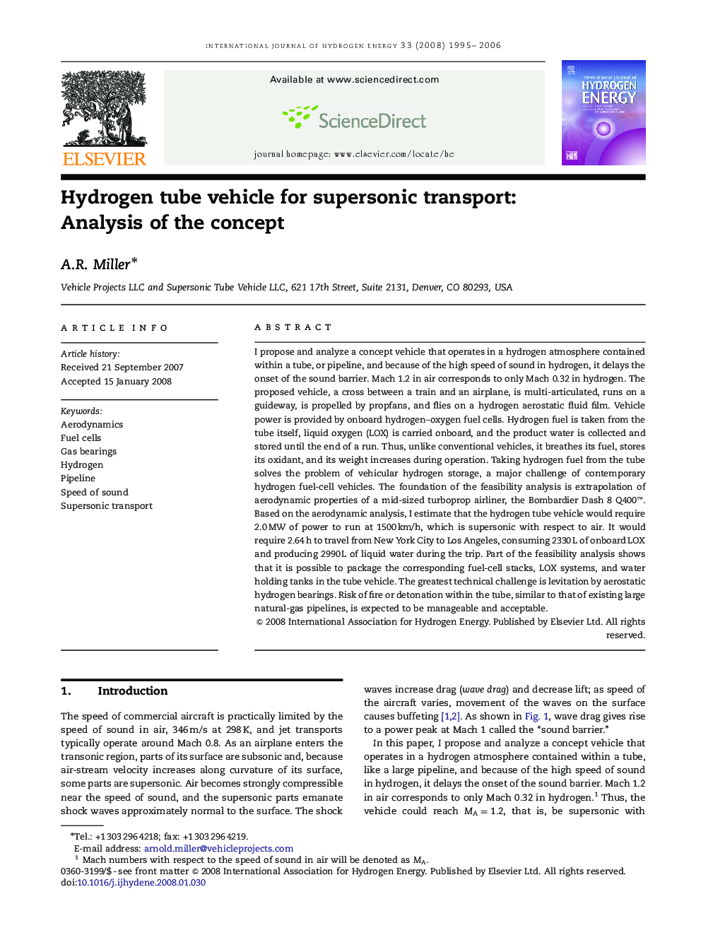 Hydrogen tube vehicle for supersonic transport: Analysis of the concept