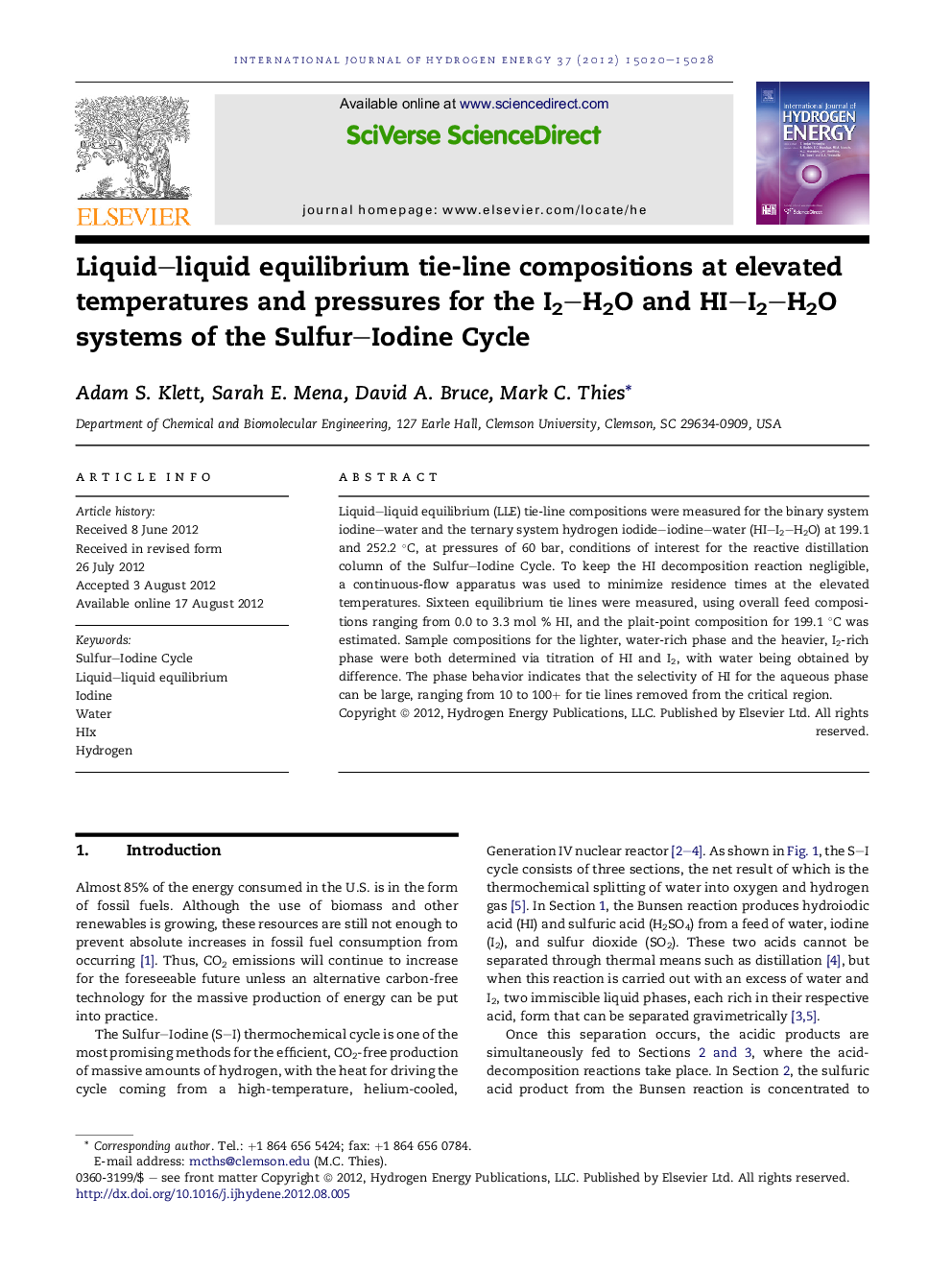 Liquid–liquid equilibrium tie-line compositions at elevated temperatures and pressures for the I2–H2O and HI–I2–H2O systems of the Sulfur–Iodine Cycle