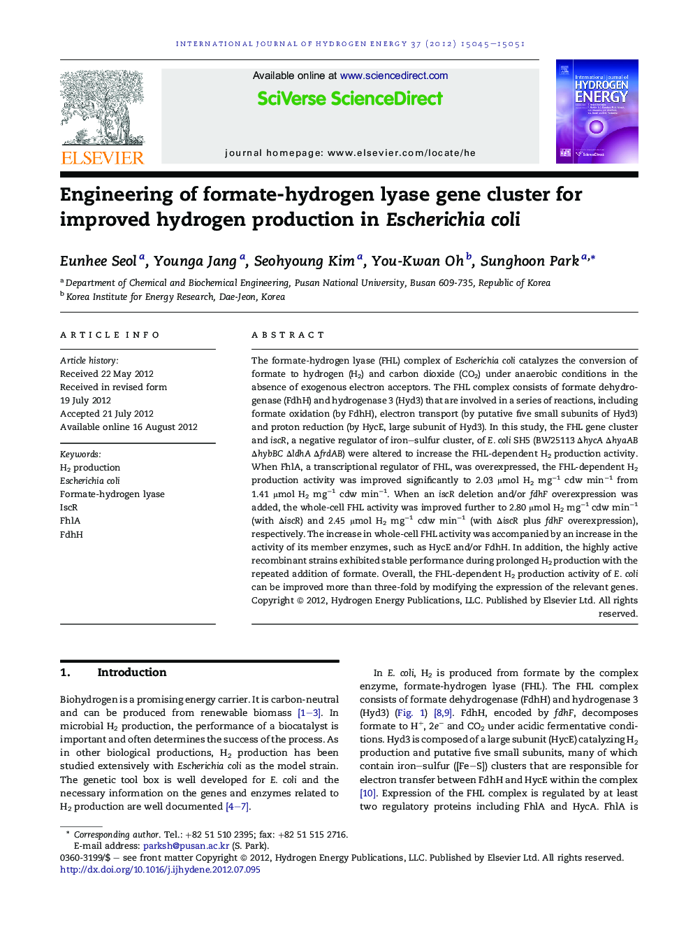Engineering of formate-hydrogen lyase gene cluster for improved hydrogen production in Escherichia coli