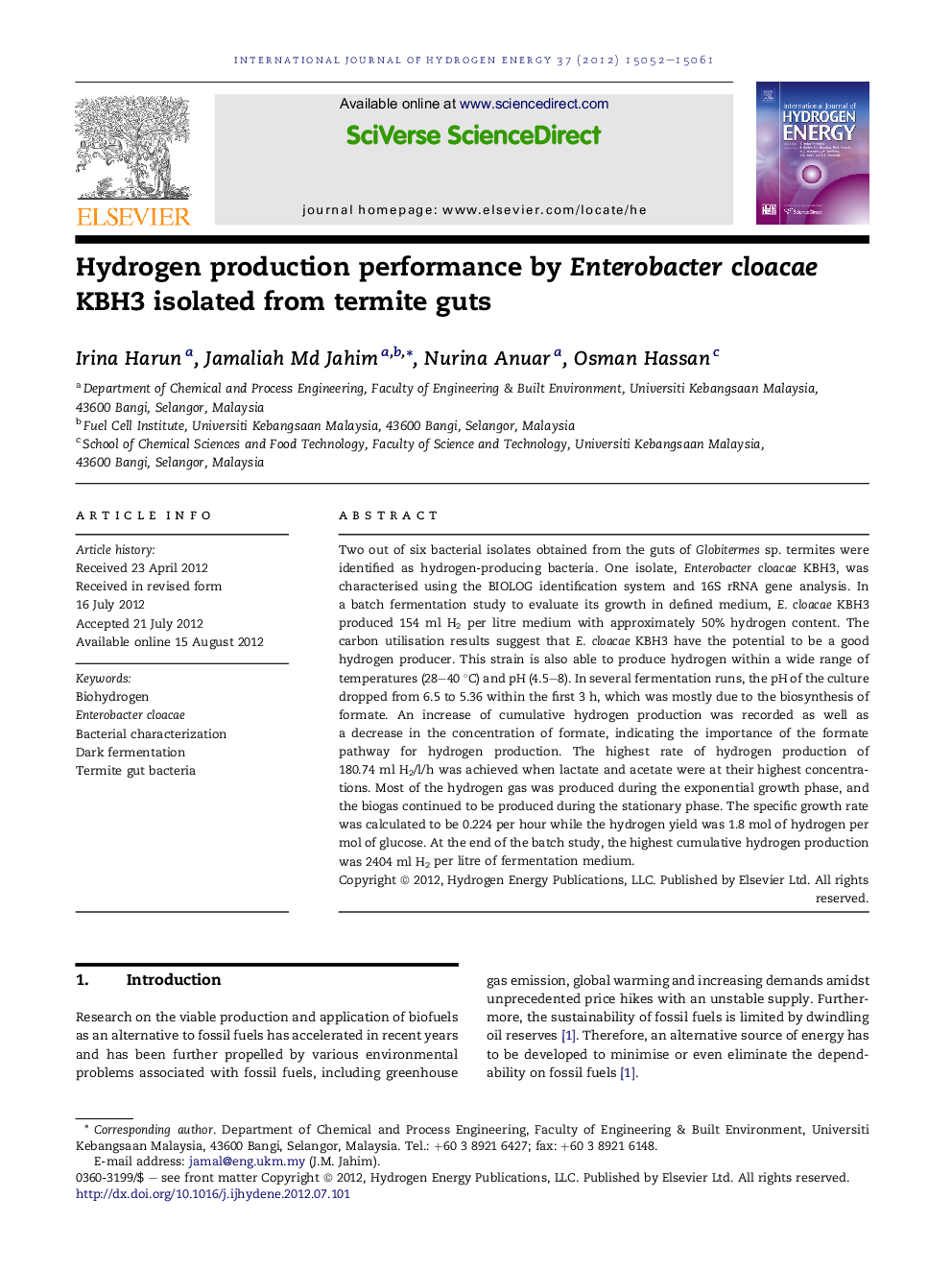 Hydrogen production performance by Enterobacter cloacae KBH3 isolated from termite guts