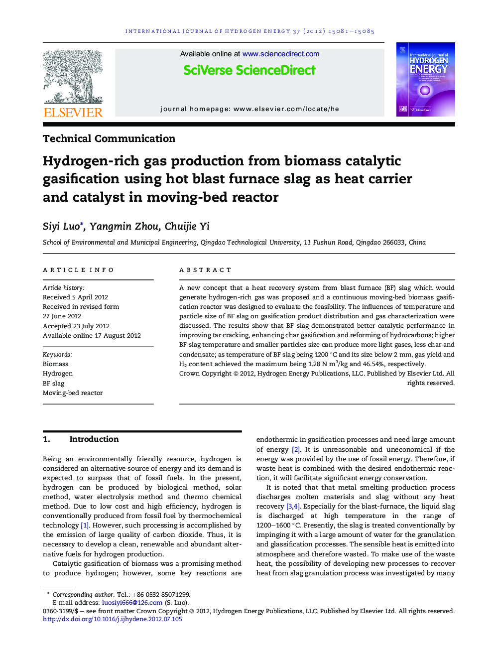 Hydrogen-rich gas production from biomass catalytic gasification using hot blast furnace slag as heat carrier and catalyst in moving-bed reactor
