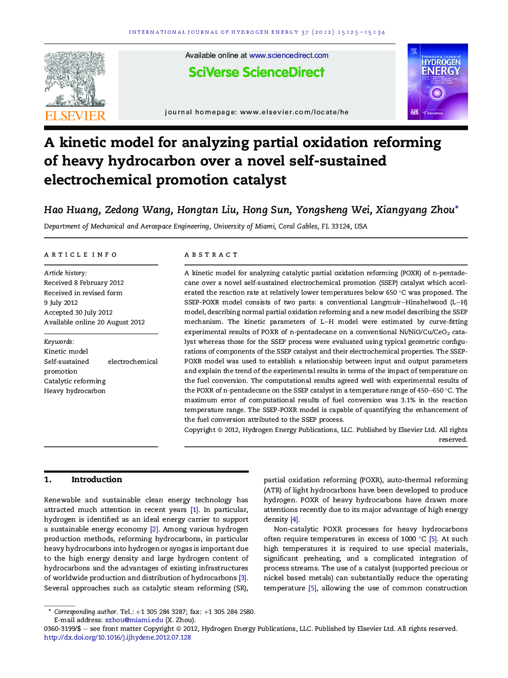 A kinetic model for analyzing partial oxidation reforming of heavy hydrocarbon over a novel self-sustained electrochemical promotion catalyst