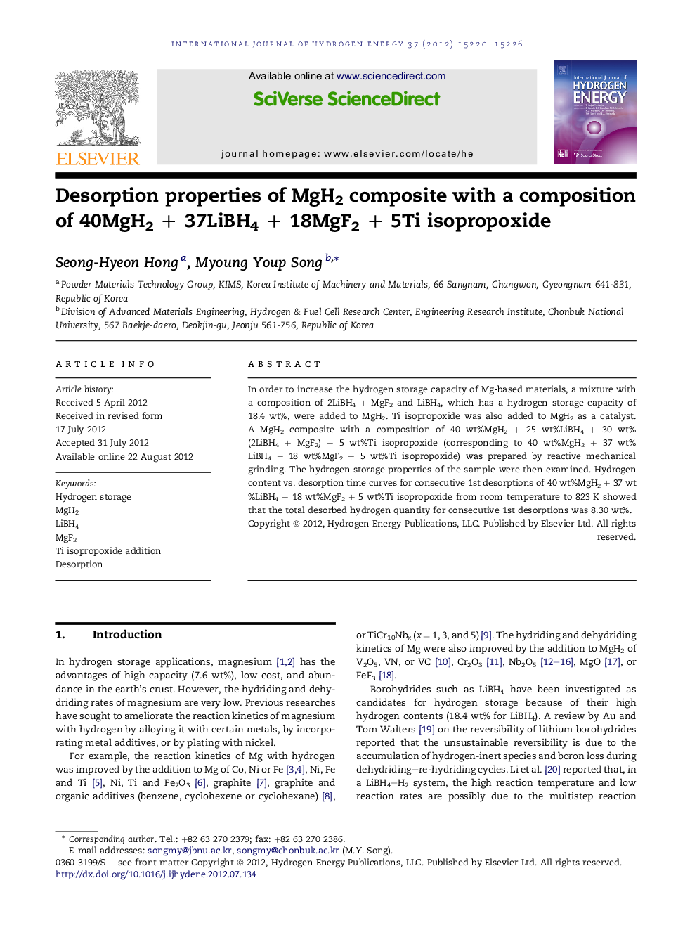 Desorption properties of MgH2 composite with a composition of 40MgH2 + 37LiBH4 + 18MgF2 + 5Ti isopropoxide