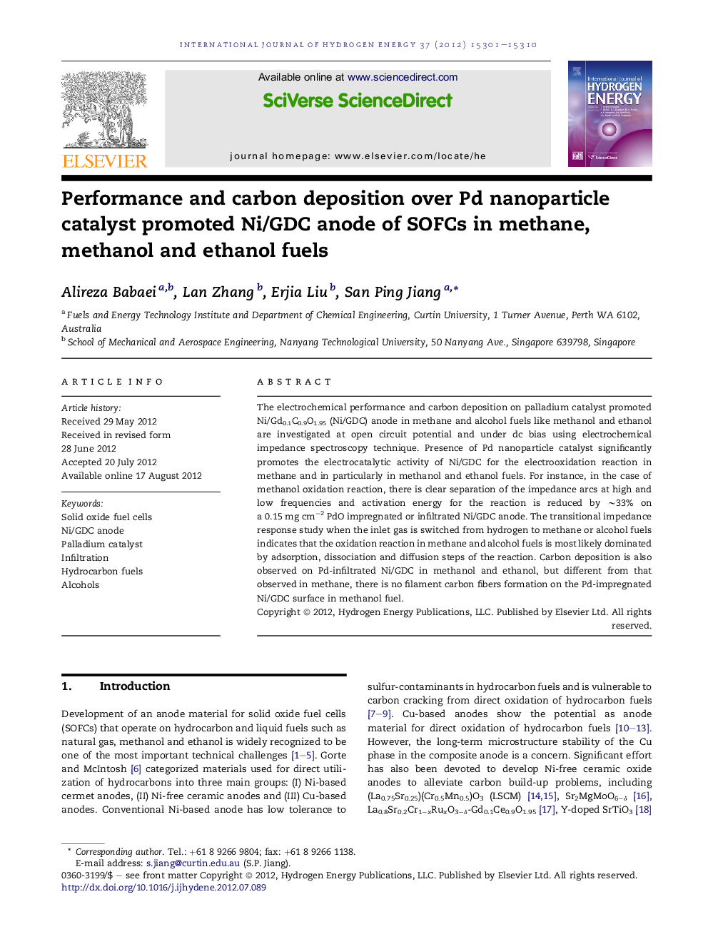 Performance and carbon deposition over Pd nanoparticle catalyst promoted Ni/GDC anode of SOFCs in methane, methanol and ethanol fuels