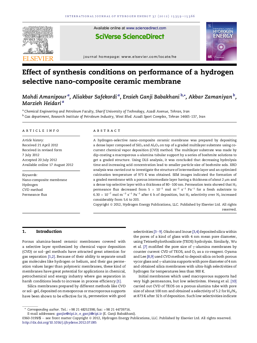 Effect of synthesis conditions on performance of a hydrogen selective nano-composite ceramic membrane