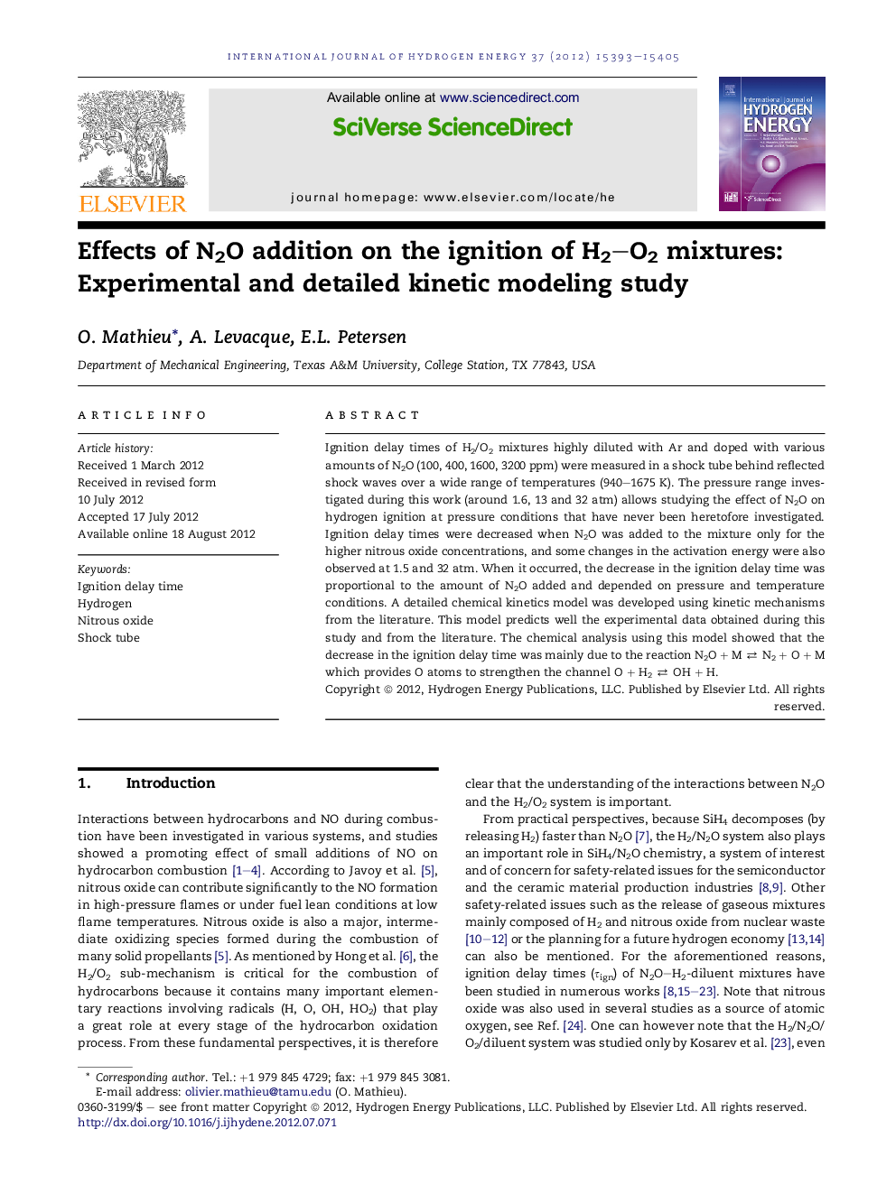 Effects of N2O addition on the ignition of H2–O2 mixtures: Experimental and detailed kinetic modeling study