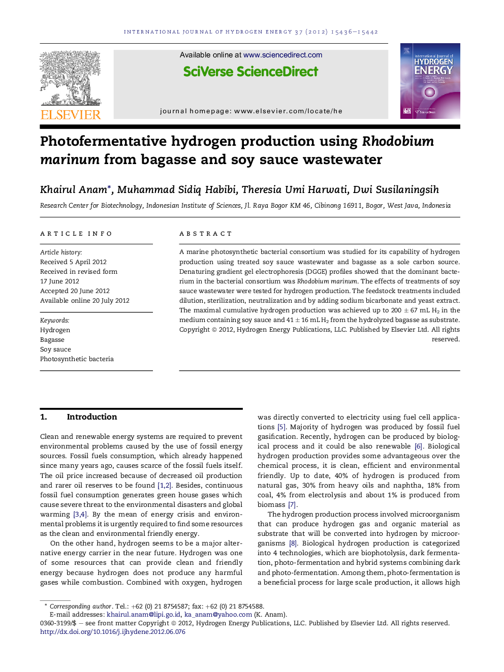 Photofermentative hydrogen production using Rhodobium marinum from bagasse and soy sauce wastewater