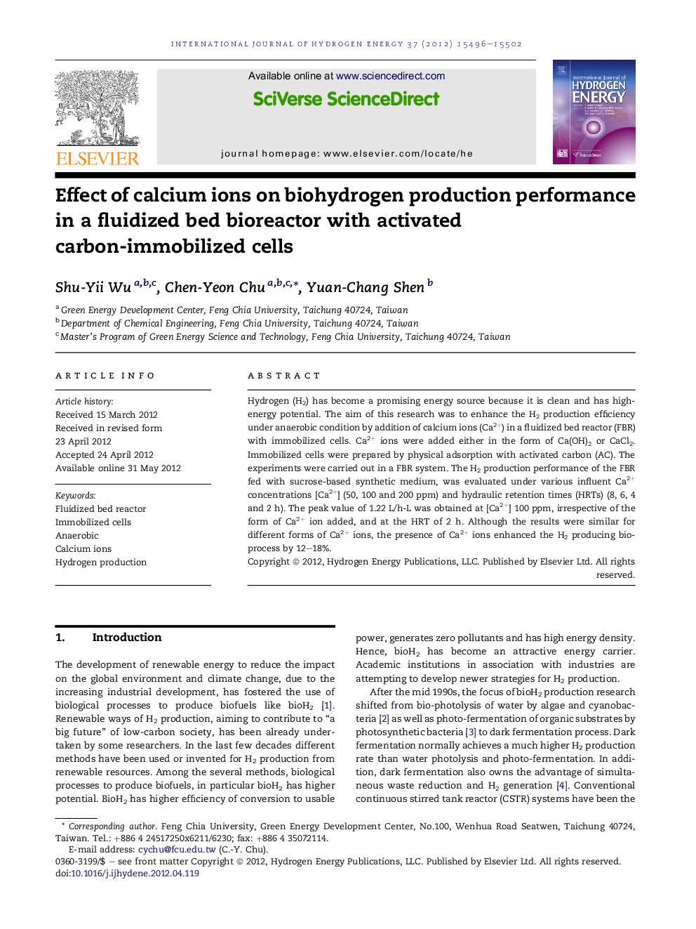 Effect of calcium ions on biohydrogen production performance in a fluidized bed bioreactor with activated carbon-immobilized cells