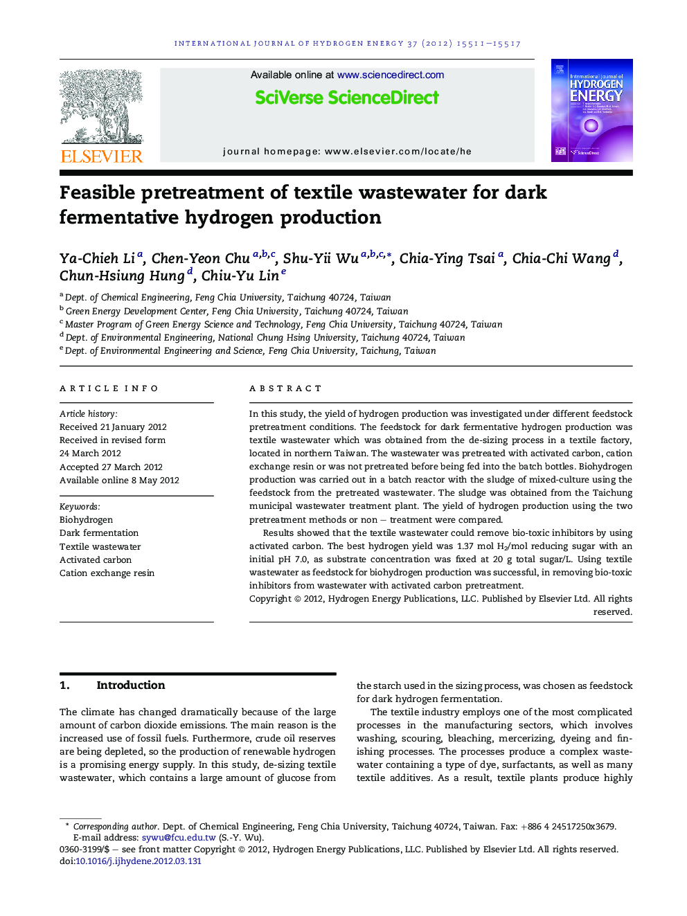 Feasible pretreatment of textile wastewater for dark fermentative hydrogen production