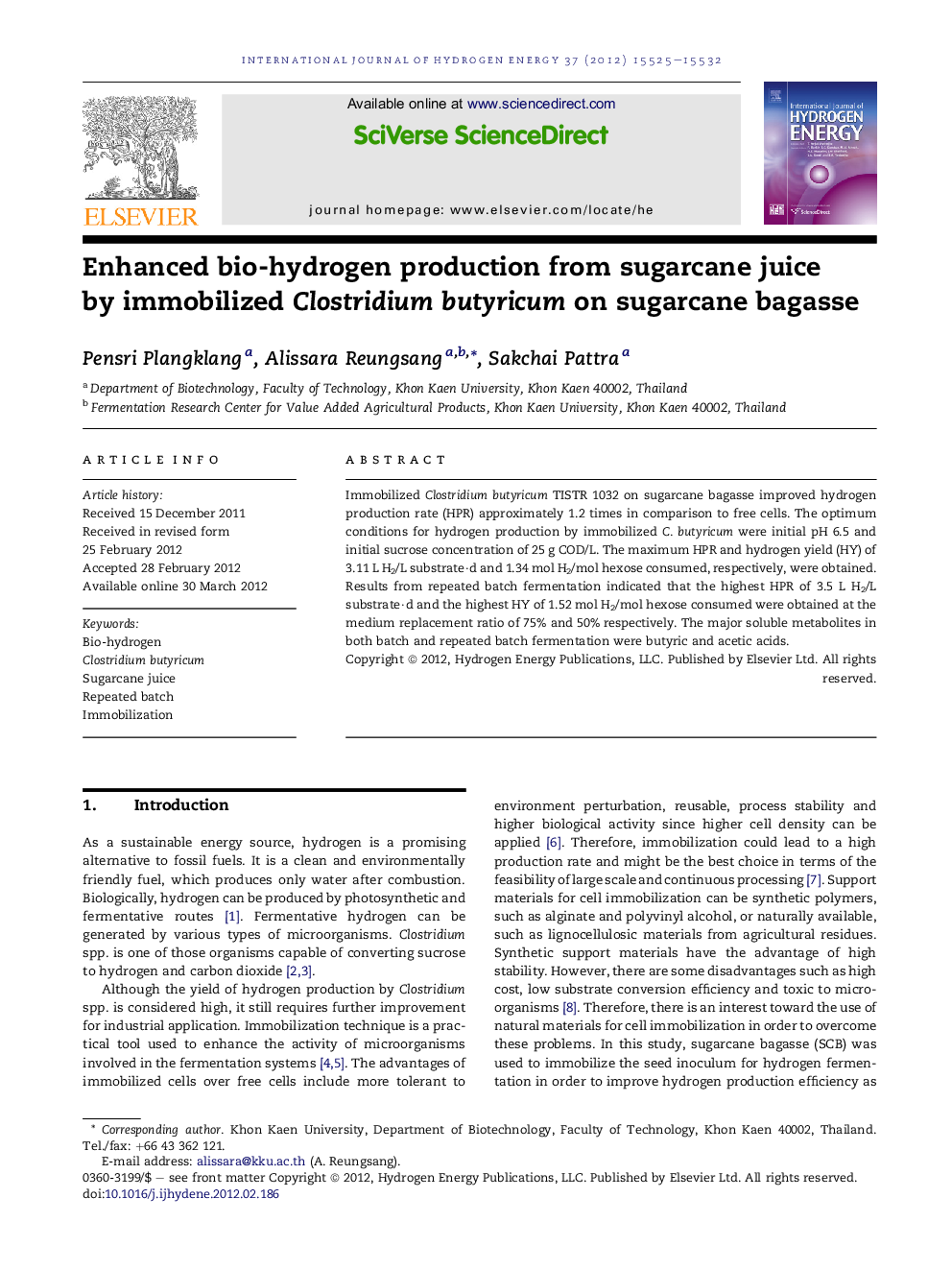 Enhanced bio-hydrogen production from sugarcane juice by immobilized Clostridium butyricum on sugarcane bagasse