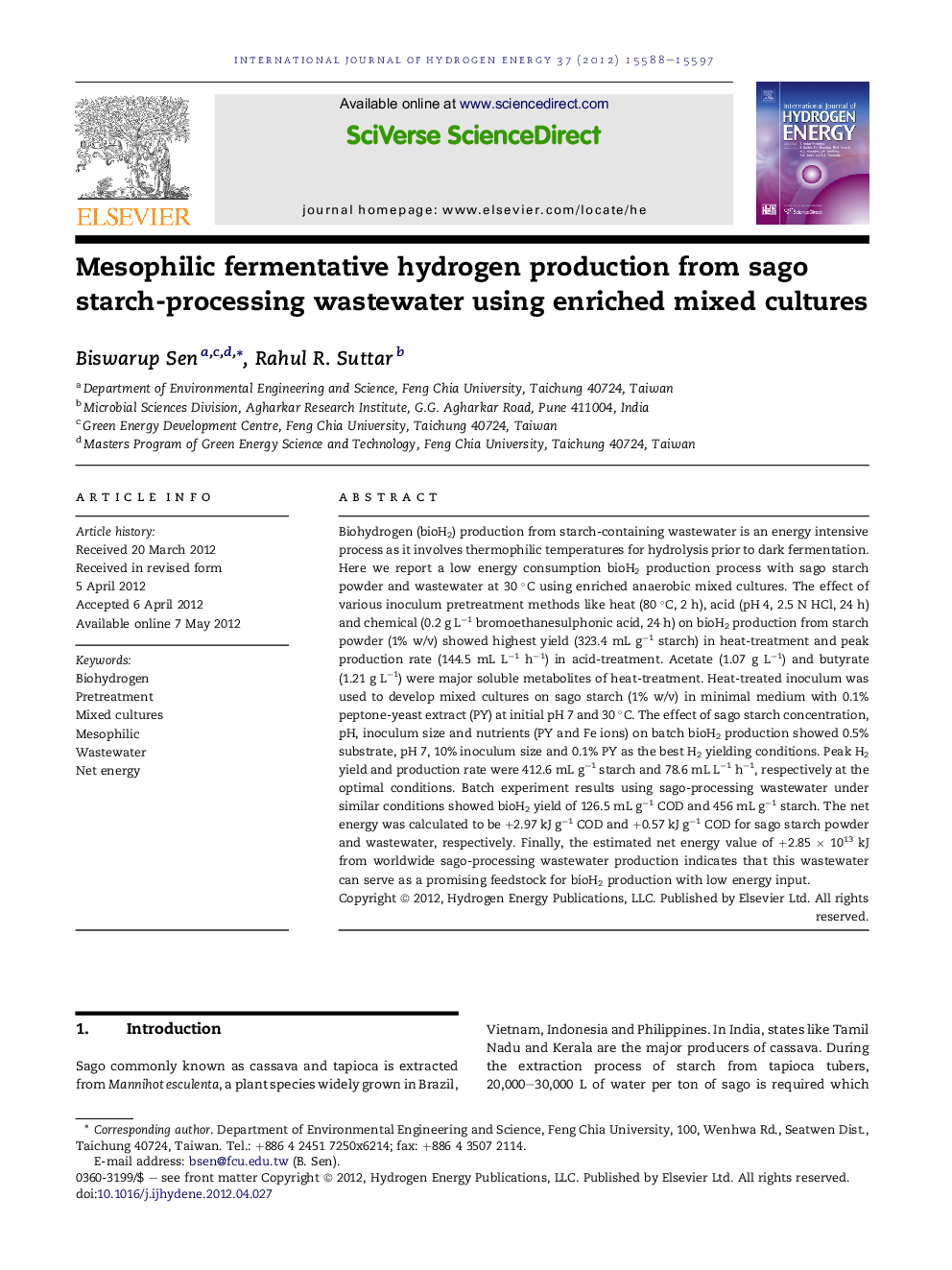 Mesophilic fermentative hydrogen production from sago starch-processing wastewater using enriched mixed cultures