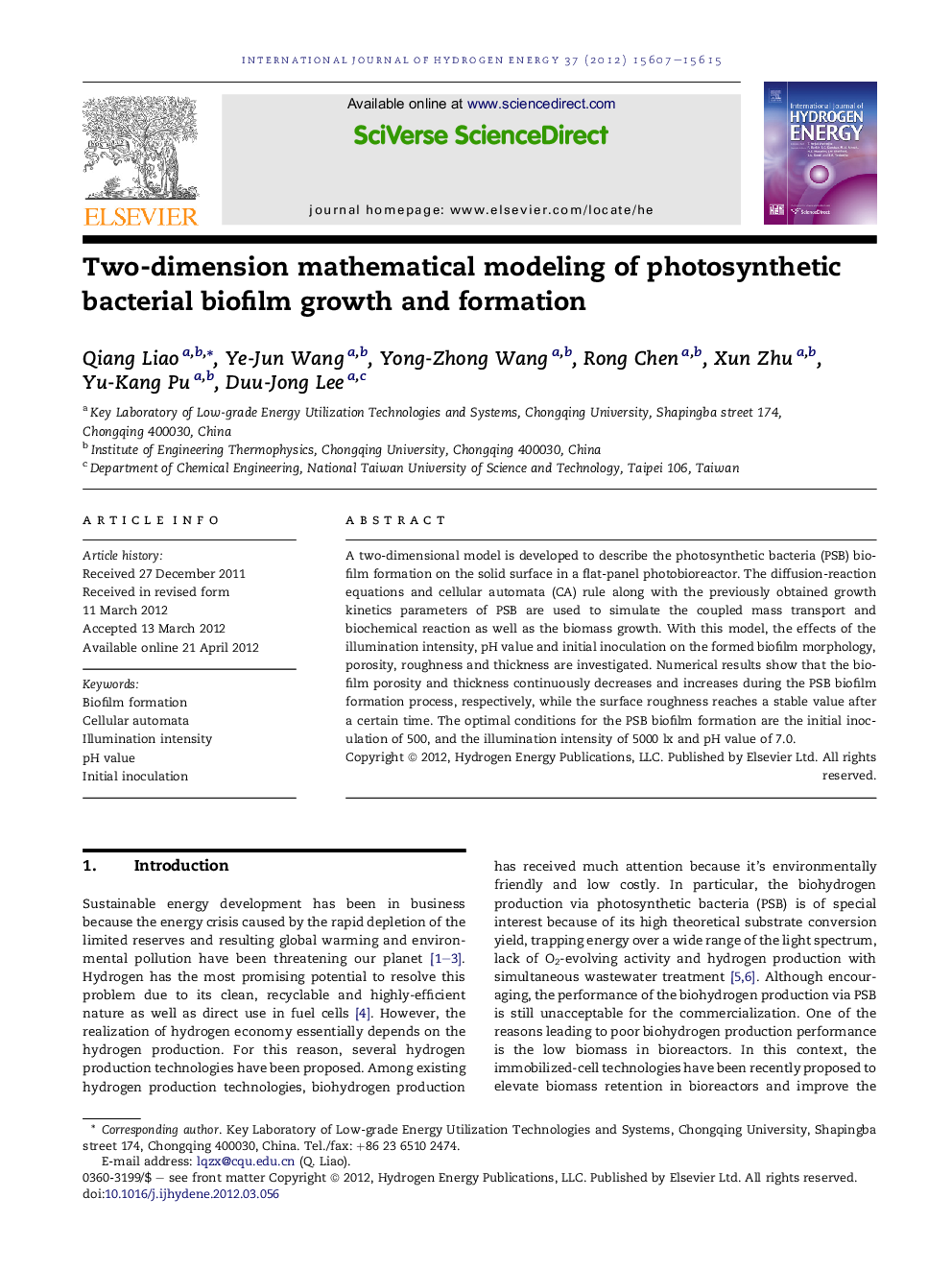 Two-dimension mathematical modeling of photosynthetic bacterial biofilm growth and formation