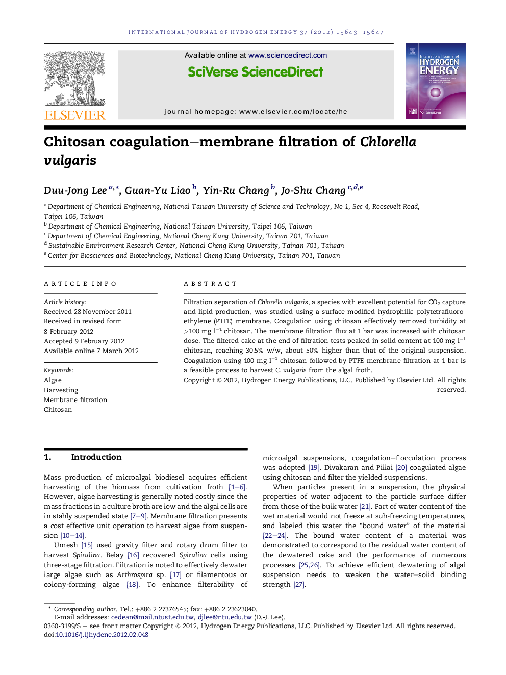 Chitosan coagulation–membrane filtration of Chlorella vulgaris