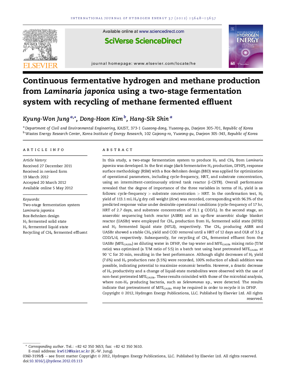 Continuous fermentative hydrogen and methane production from Laminaria japonica using a two-stage fermentation system with recycling of methane fermented effluent