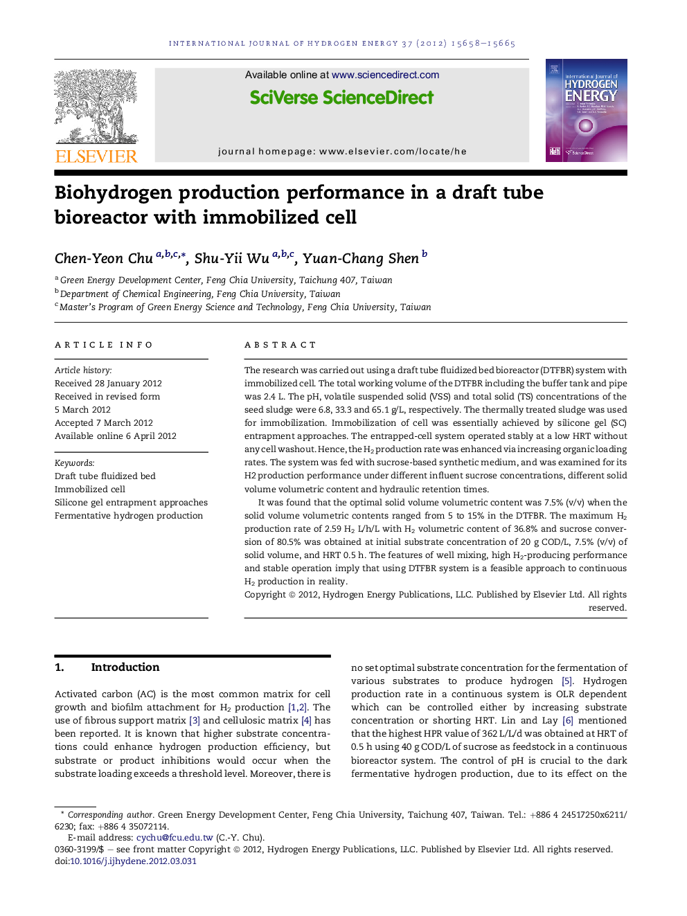 Biohydrogen production performance in a draft tube bioreactor with immobilized cell