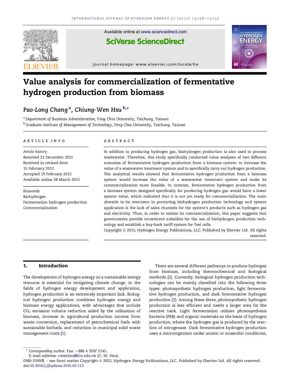 Value analysis for commercialization of fermentative hydrogen production from biomass