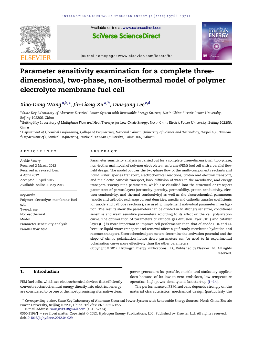 Parameter sensitivity examination for a complete three-dimensional, two-phase, non-isothermal model of polymer electrolyte membrane fuel cell