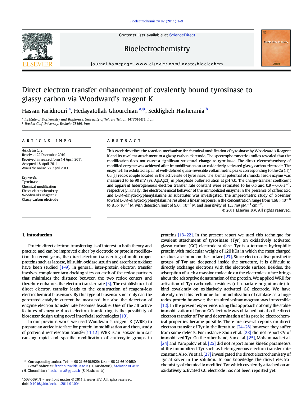 Direct electron transfer enhancement of covalently bound tyrosinase to glassy carbon via Woodward's reagent K