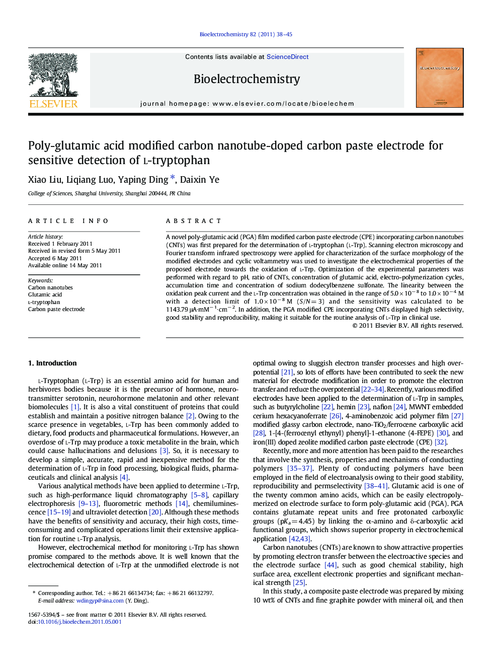 Poly-glutamic acid modified carbon nanotube-doped carbon paste electrode for sensitive detection of L-tryptophan