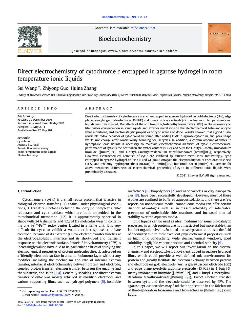 Direct electrochemistry of cytochrome c entrapped in agarose hydrogel in room temperature ionic liquids