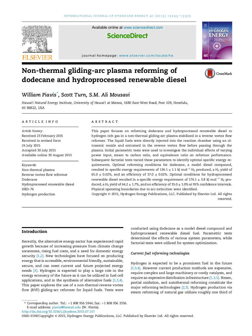 Non-thermal gliding-arc plasma reforming of dodecane and hydroprocessed renewable diesel