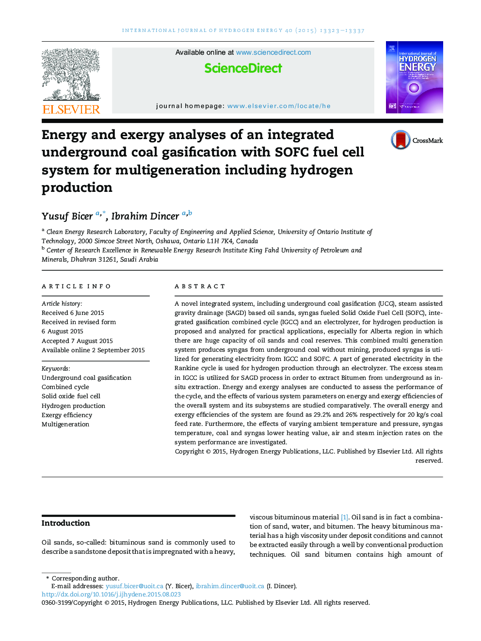 Energy and exergy analyses of an integrated underground coal gasification with SOFC fuel cell system for multigeneration including hydrogen production