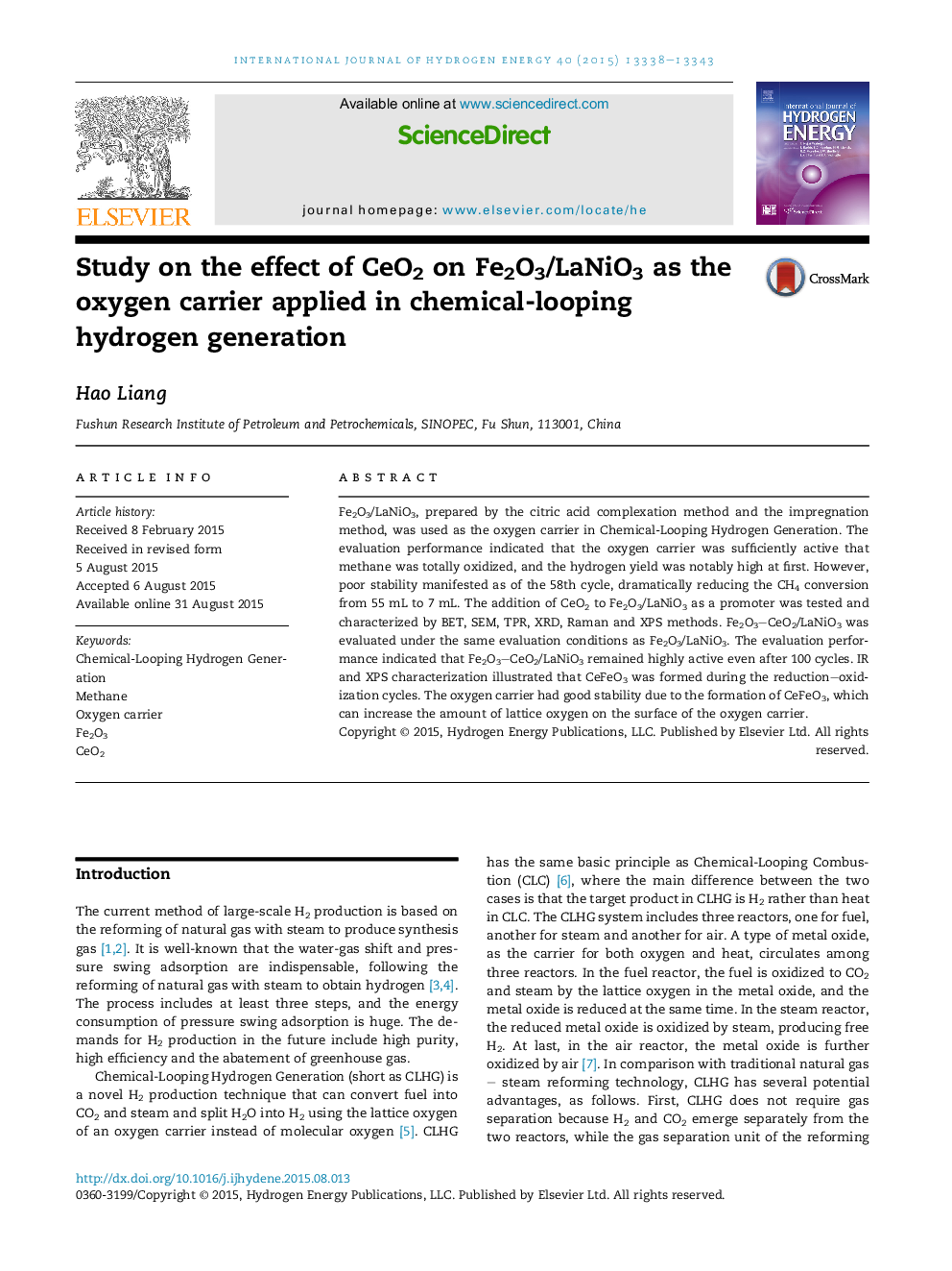 Study on the effect of CeO2 on Fe2O3/LaNiO3 as the oxygen carrier applied in chemical-looping hydrogen generation