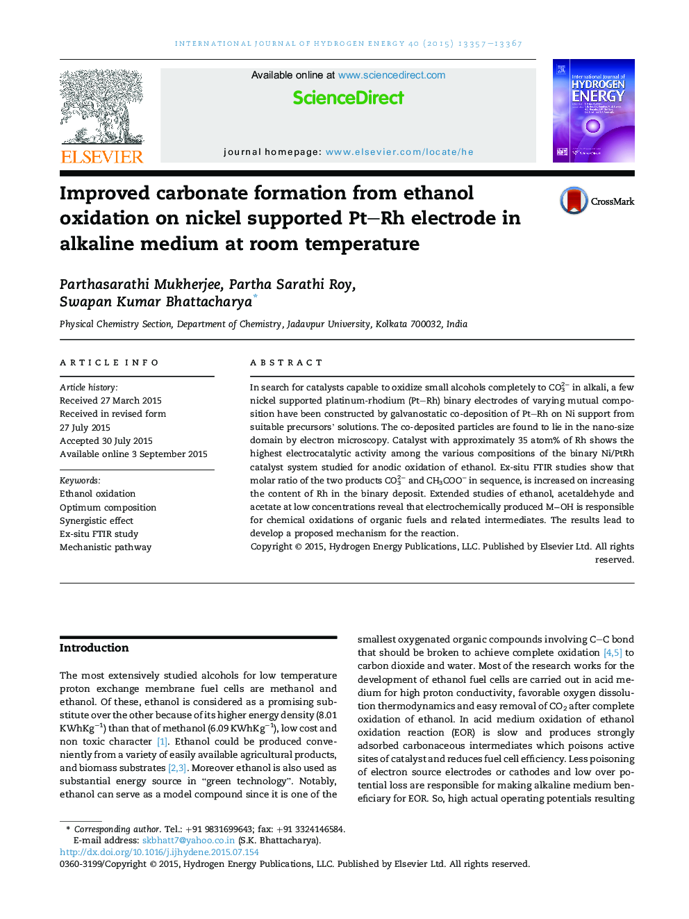 Improved carbonate formation from ethanol oxidation on nickel supported Pt–Rh electrode in alkaline medium at room temperature