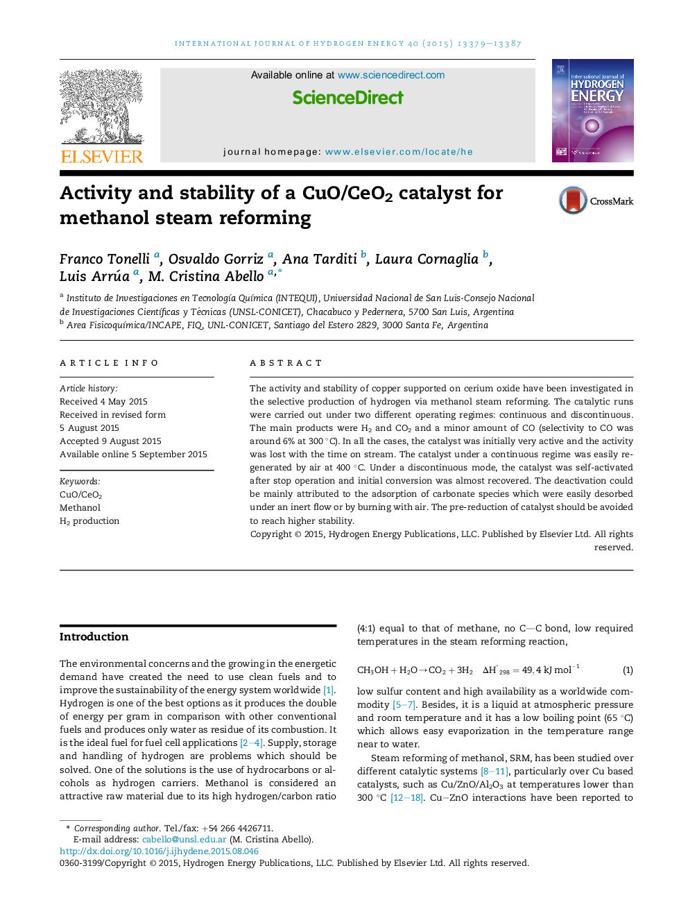 Activity and stability of a CuO/CeO2 catalyst for methanol steam reforming