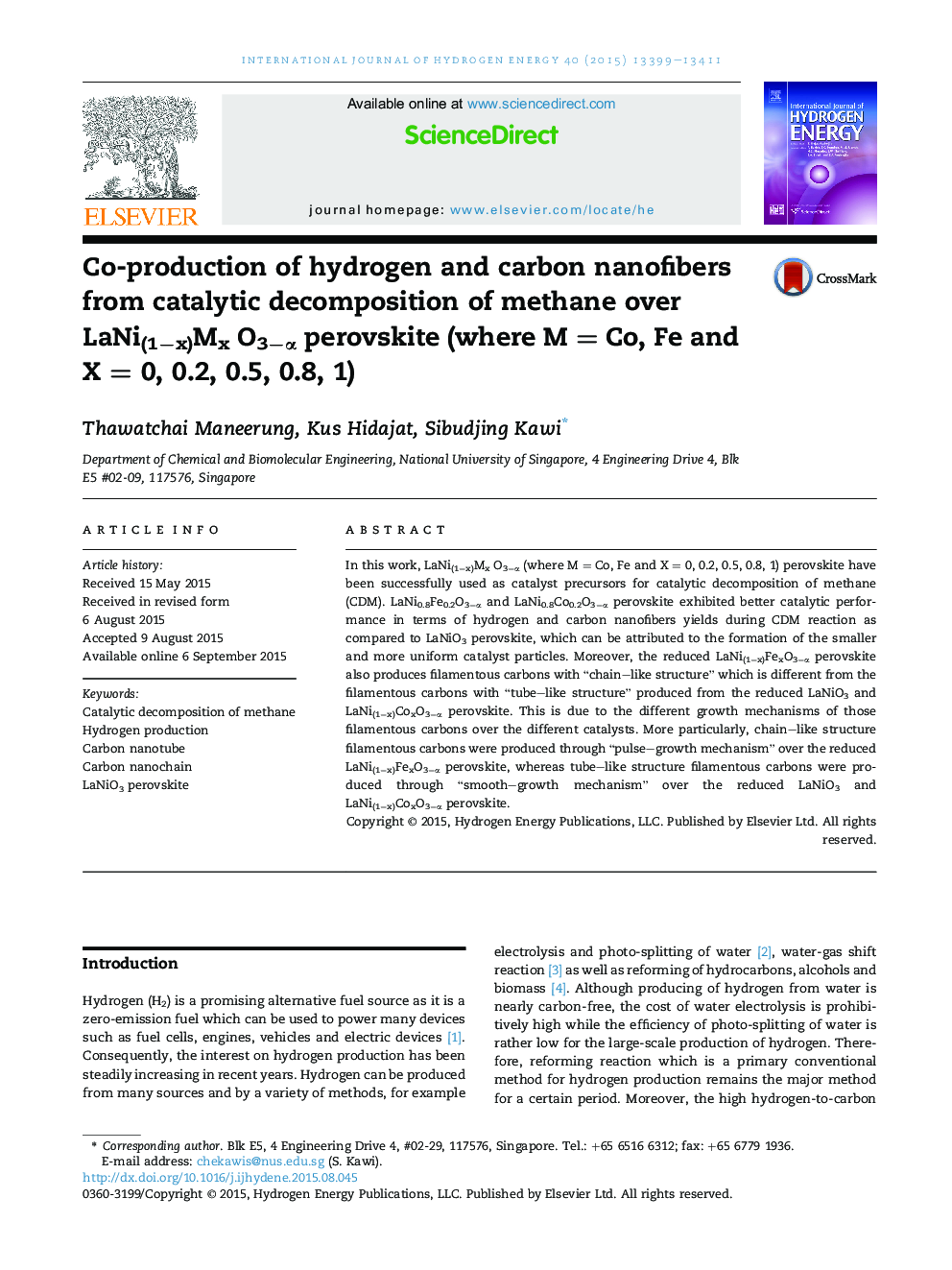 Co-production of hydrogen and carbon nanofibers from catalytic decomposition of methane over LaNi(1−x)Mx O3−α perovskite (where M = Co, Fe and X = 0, 0.2, 0.5, 0.8, 1)