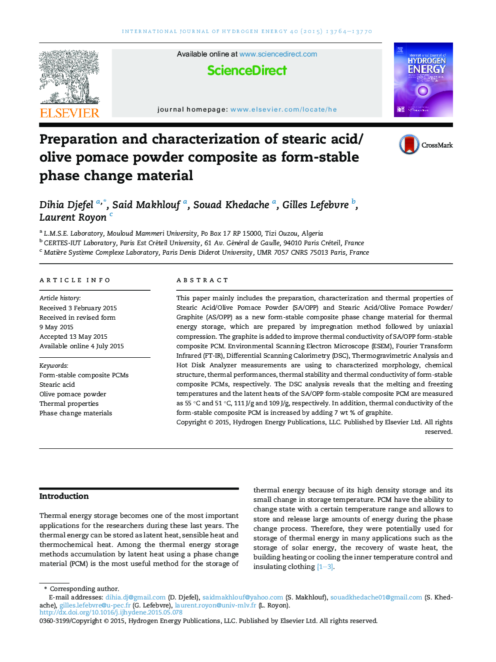 Preparation and characterization of stearic acid/olive pomace powder composite as form-stable phase change material