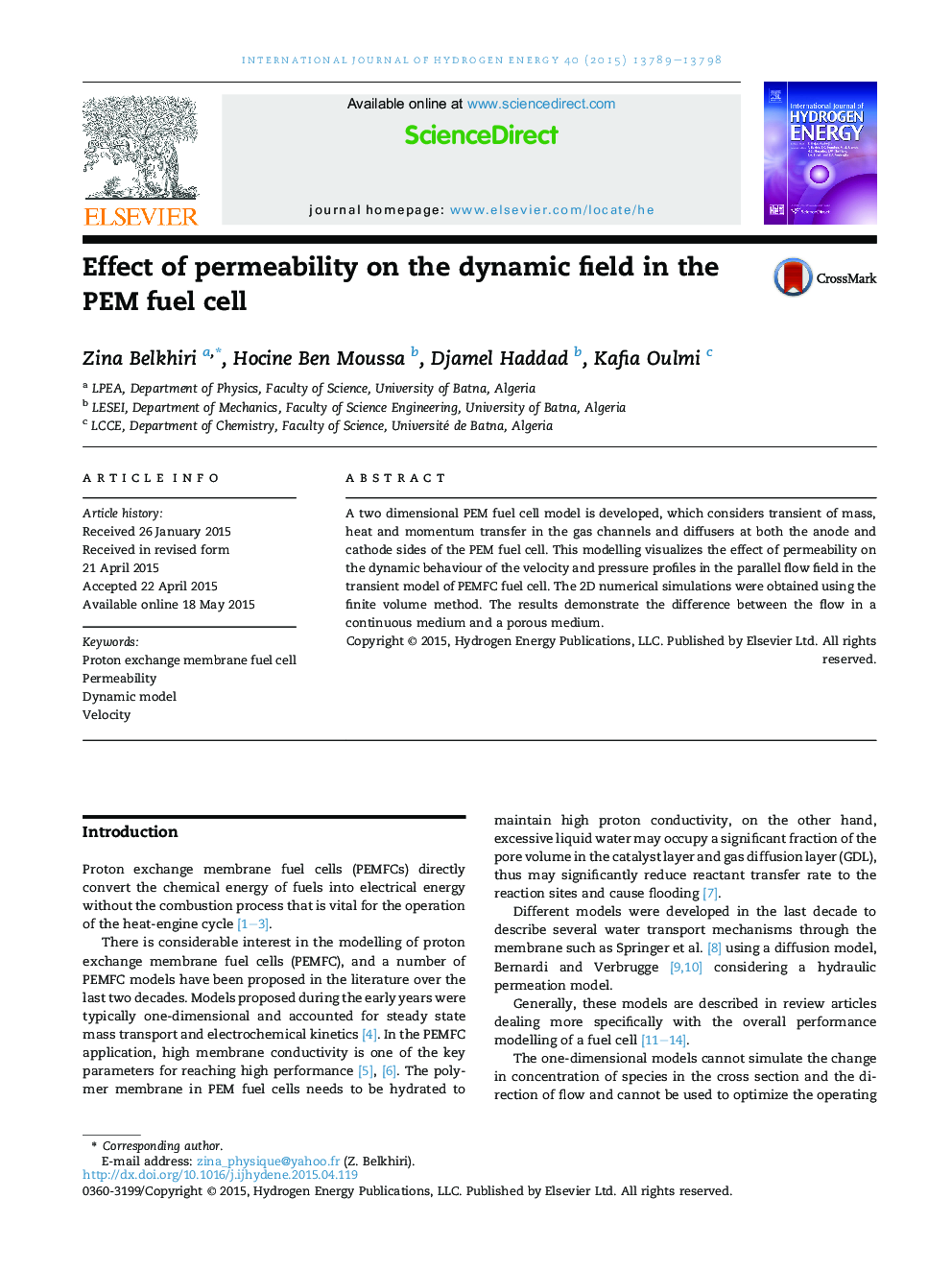 Effect of permeability on the dynamic field in the PEM fuel cell