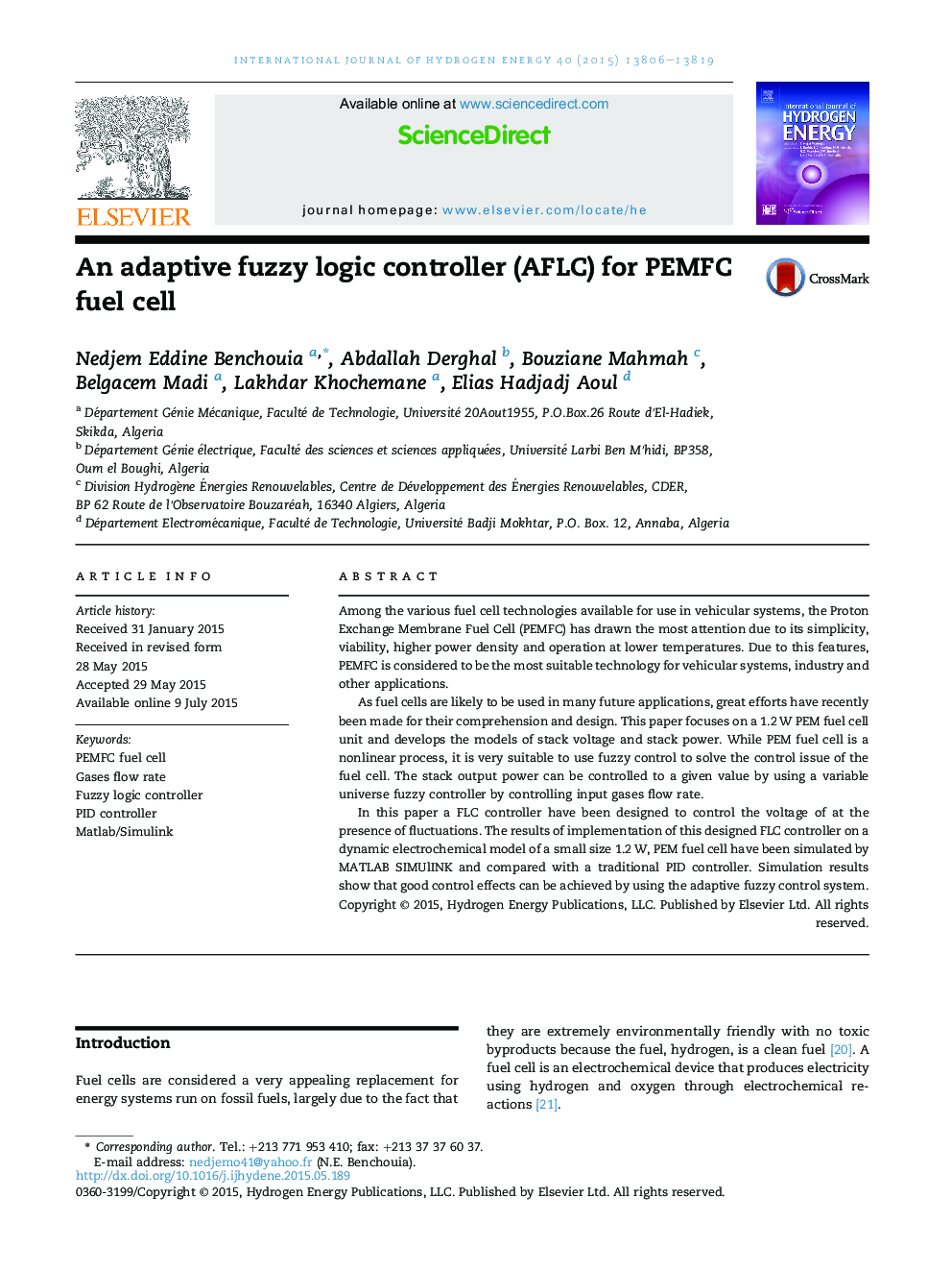 An adaptive fuzzy logic controller (AFLC) for PEMFC fuel cell