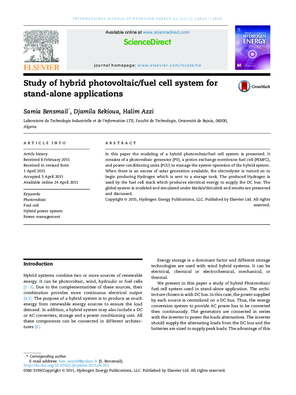 Study of hybrid photovoltaic/fuel cell system for stand-alone applications