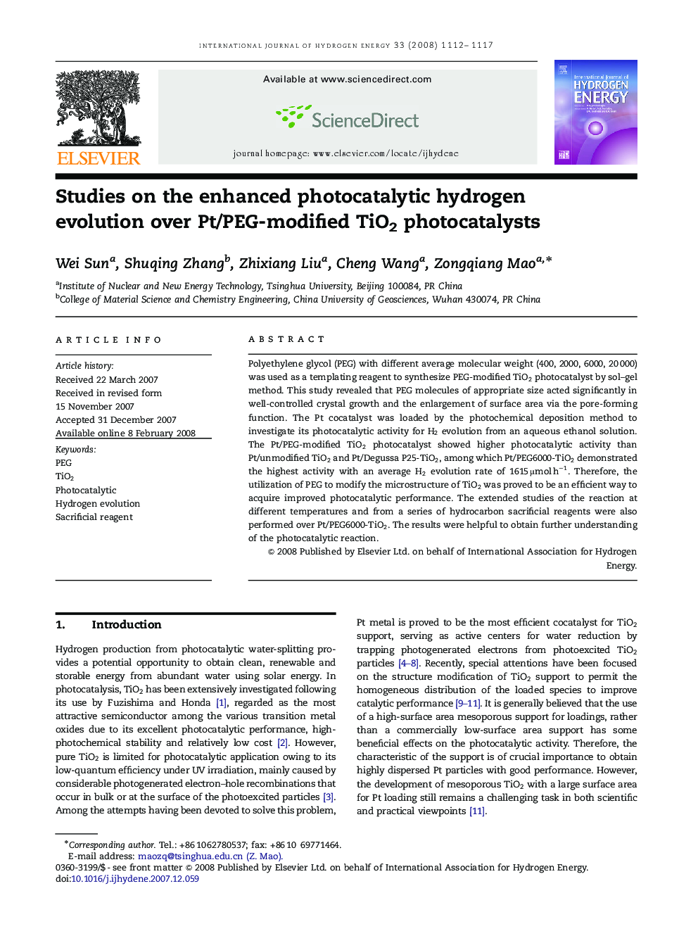Studies on the enhanced photocatalytic hydrogen evolution over Pt/PEG-modified TiO2 photocatalysts