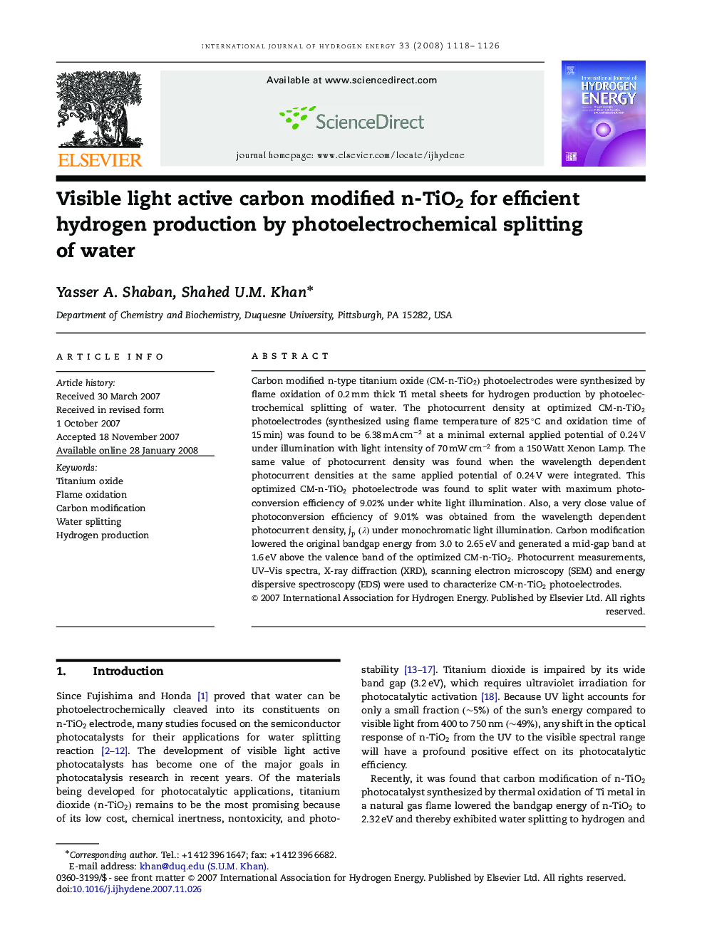 Visible light active carbon modified n-TiO2 for efficient hydrogen production by photoelectrochemical splitting of water