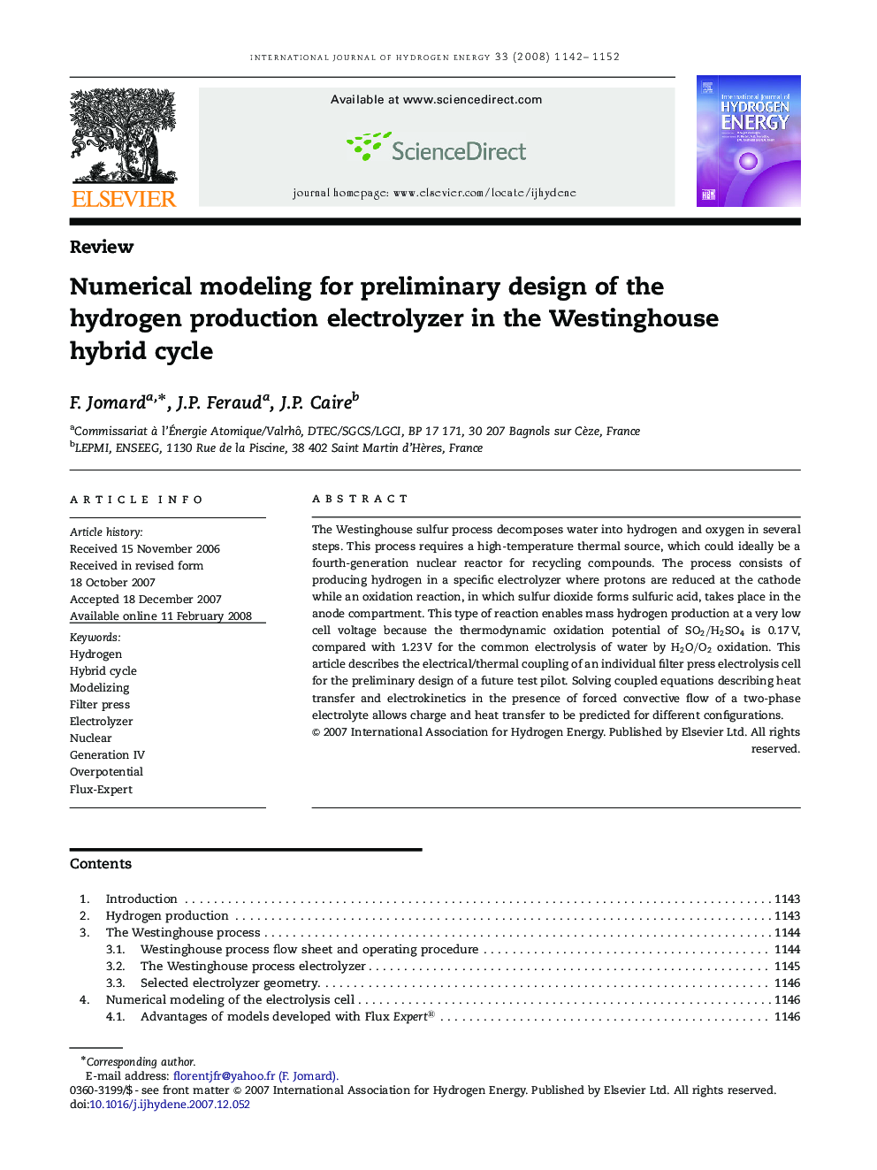 Numerical modeling for preliminary design of the hydrogen production electrolyzer in the Westinghouse hybrid cycle