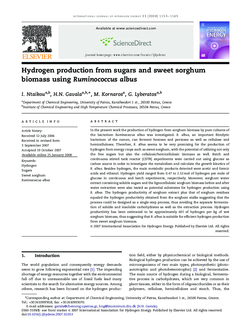 Hydrogen production from sugars and sweet sorghum biomass using Ruminococcus albus