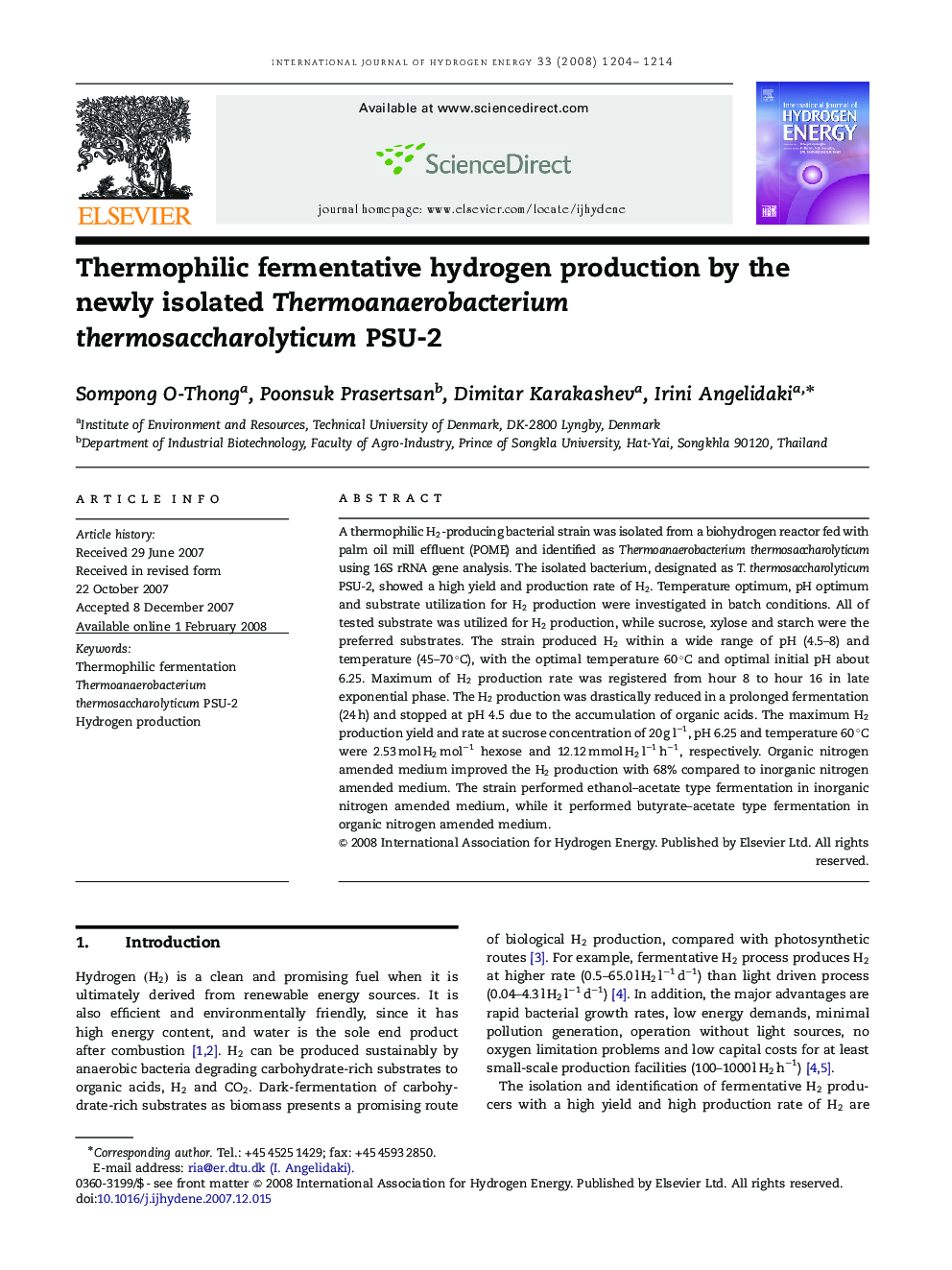 Thermophilic fermentative hydrogen production by the newly isolated Thermoanaerobacterium thermosaccharolyticum PSU-2