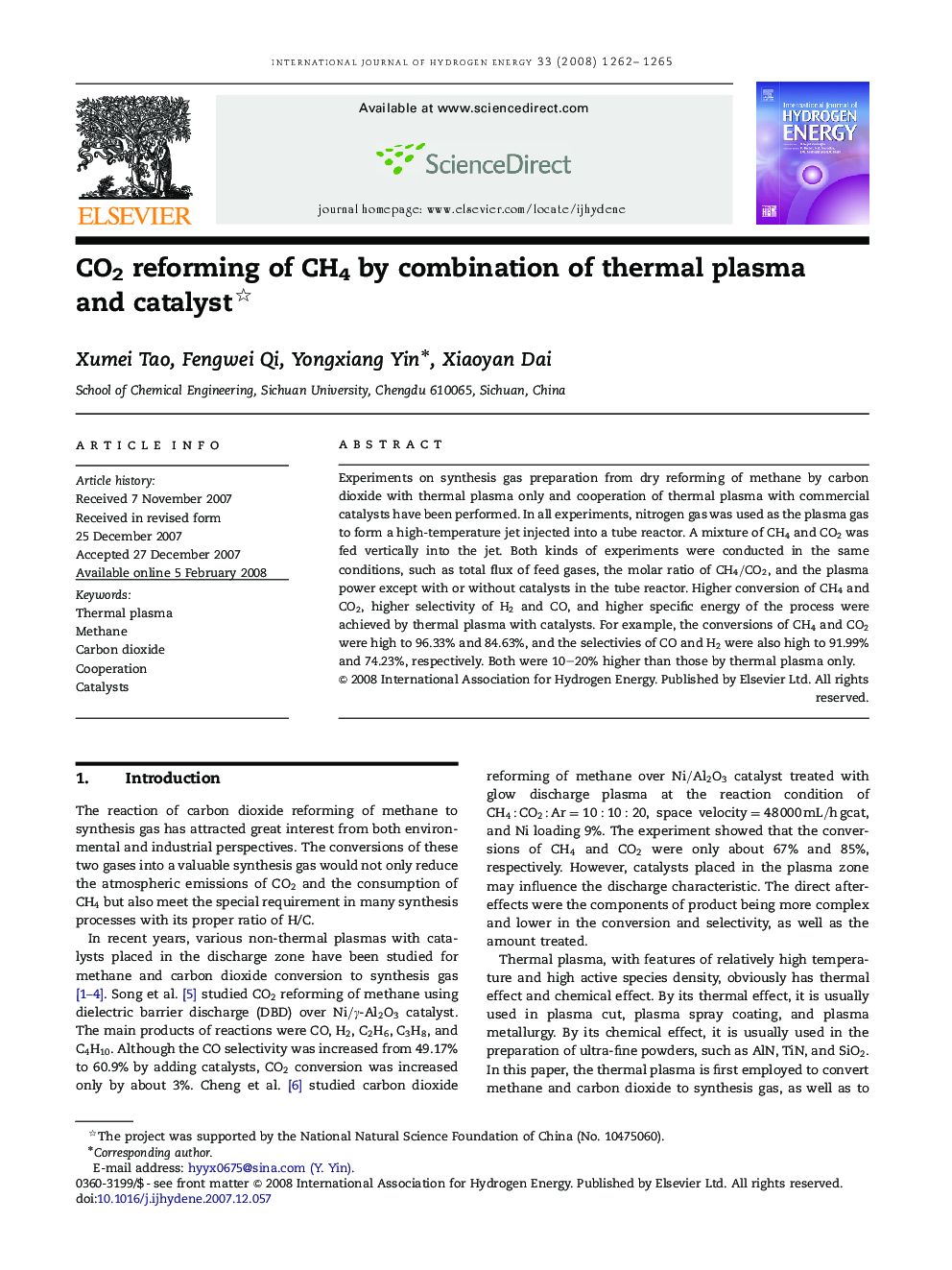 CO2 reforming of CH4 by combination of thermal plasma and catalyst 