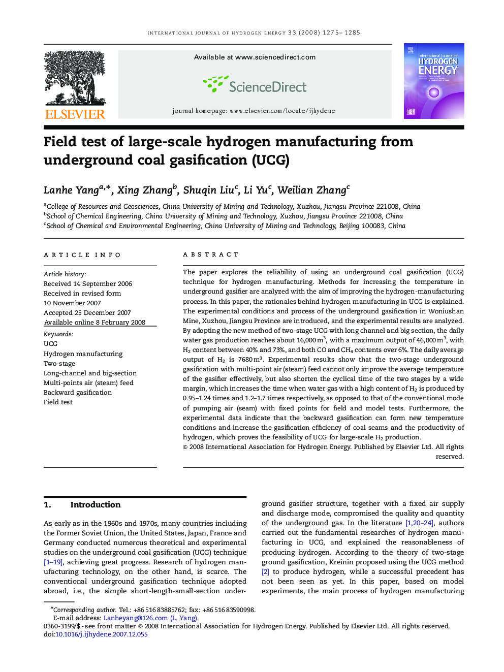 Field test of large-scale hydrogen manufacturing from underground coal gasification (UCG)